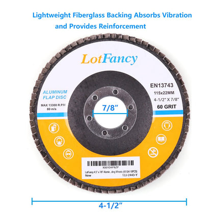 60 Grit Flap Discs - 10PCS 4.5” x 7/8” Sanding Grinding Wheels by LotFancy, Aluminum Oxide Abrasive, Type #27