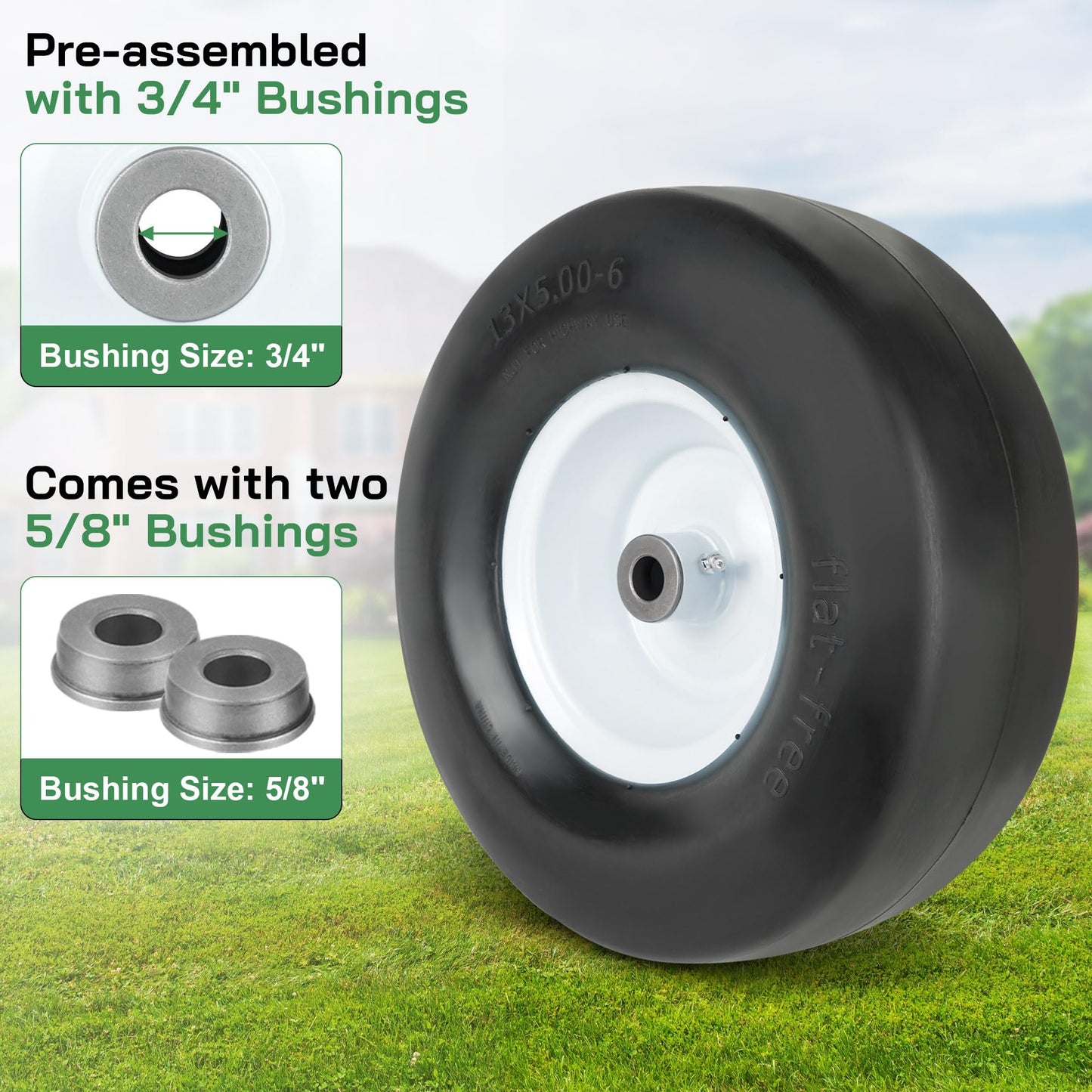 LotFancy 13x5.00-6 Flat Free Tire and Wheel, 3/4" & 5/8" Bushing, 3.25"-3.75”-4.25”-4.75” Centered Hub, Smooth Tread Front Solid Tire for Zero Turn Mowers