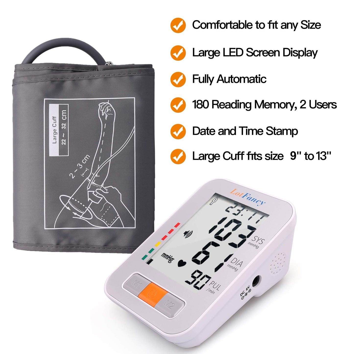 LotFancy Blood Pressure Monitor, Automatic BP Cuff Machine Kit, Digital Upper Arm Gauge Accurate Tester, BP Meter for Irregular Heart Detection – 2 User, 180 Sets Memory, M Cuff (9”-13”)