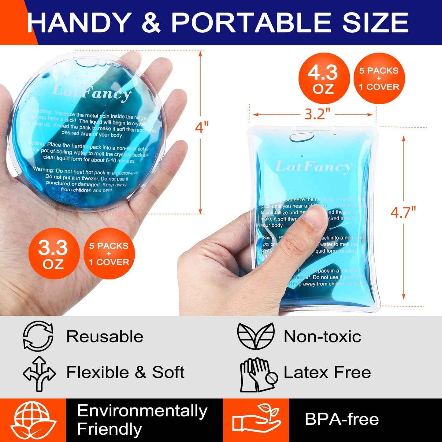 LotFancy Reusable Hand Warmer, with Wraps, Click Activated Gel Heating Pad, Instant Hot Cold Therapy Compress, Outdoor & Portable Size