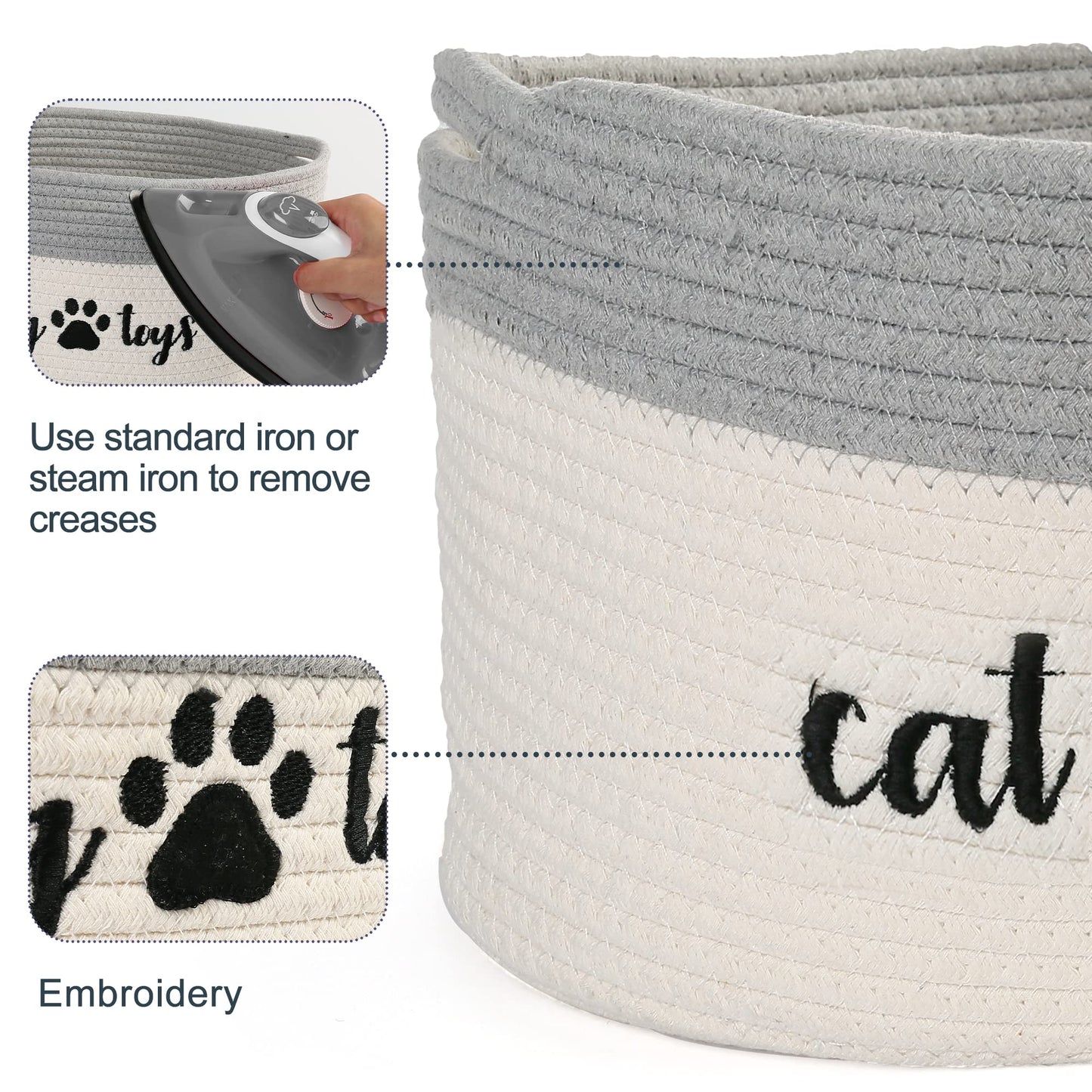 Prime Pets Cat Toy Basket, Cotton Rope Storage Basket with Handles, Small Woven Pet Toy Box Bin for Blankets, Leashes, 15x10x9 inch Cat Toy Holder Container, White and Grey