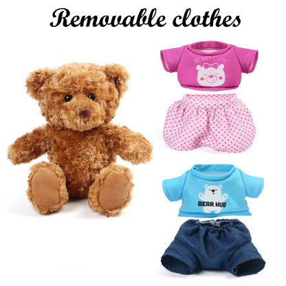 BenBen Brown Teddy Bear Stuffed Animal with Removable Clothes, 2 Pack, 10 inch Plush Baby Bear with T-Shirts on, Couple Gift