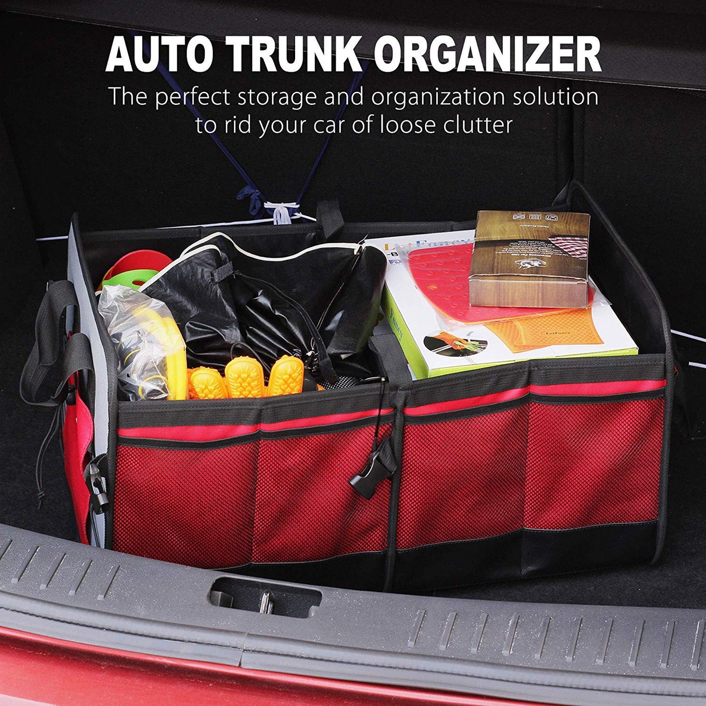 LotFancy Car Trunk Organizer for SUV, Cargo, Van, Truck, Vehicle, Collapsible Portable Multi Compartments Cargo Storage, Strap Handle, Foldable, Non Slip Bottom, Heavy Duty Durable Construction