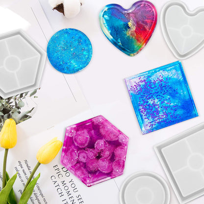 LotFancy Coaster Molds for Resin Casting, 5pcs Epoxy Resin Molds, DIY Art Silicone Molds, with 12 Colors of Chunky Glitter Sequins, Round Hexagon Square Heart Flower Shape Pack