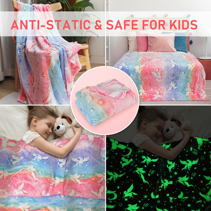 LotFancy Glow in The Dark Blanket, Unicorns Gifts for Girls Boys, Soft Luminous Kids Blankets for Birthday, 60 x 50in