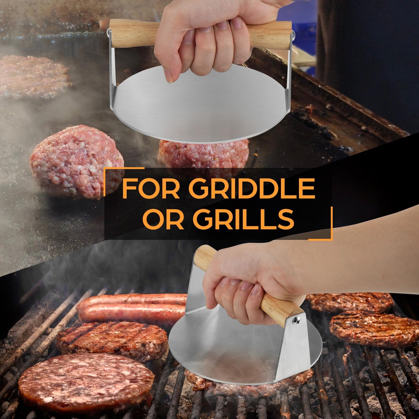 LotFancy Burger Press, 6" Stainless Steel Burger Smasher for Griddle, Bbq, Cookouts, Round