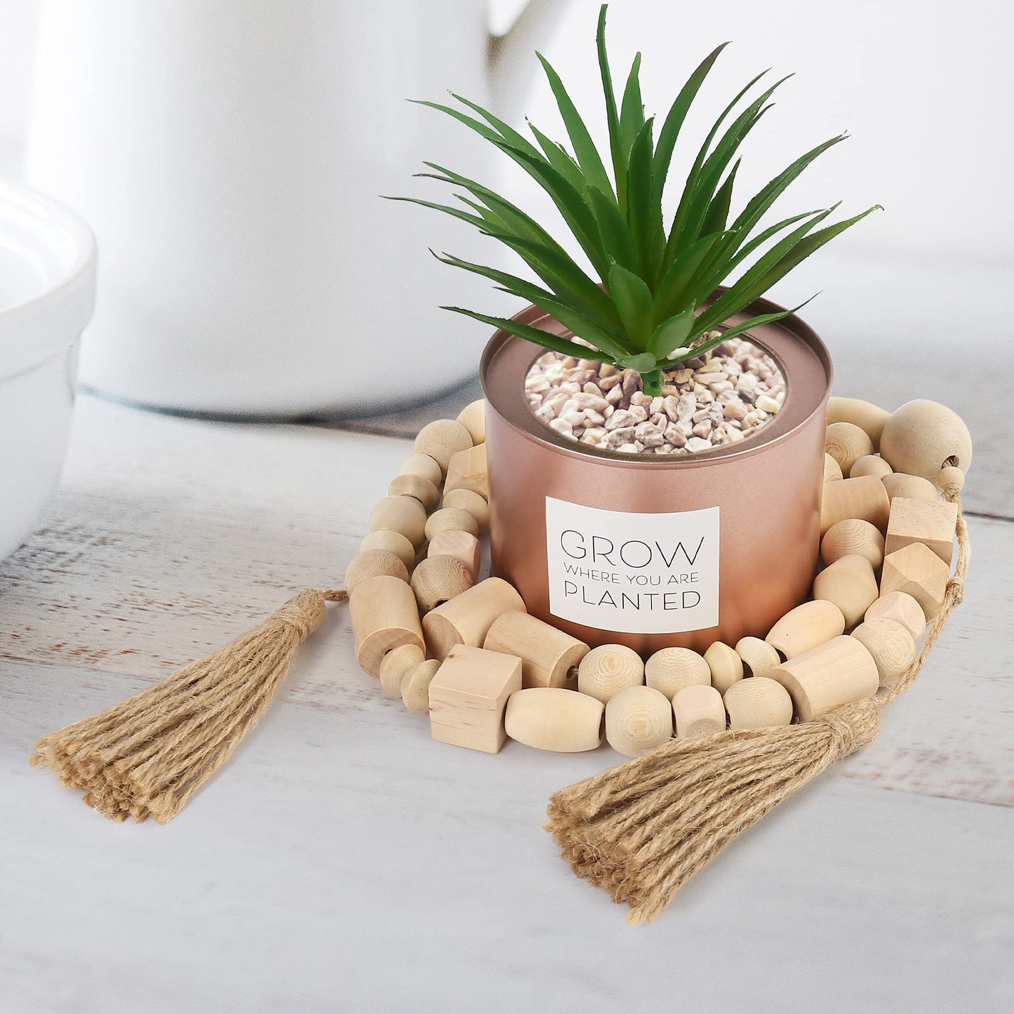 LotFancy Natural Wooden Bead Garland with Tassel, 60in / 5ft, Modern Farmhouse Boho Bead String for Décor, Various Shapes Design, for Home Wall Shelf Coffee Table