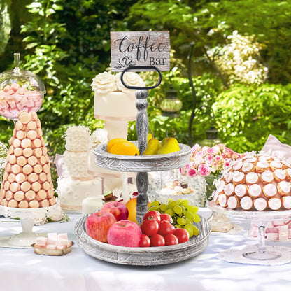 LotFancy Farmhouse Tiered Tray, Distressed Wooden 2 Tier Stand with Metal Handle, 17x14'' White Round Decorative Tray, Wood Sign Included