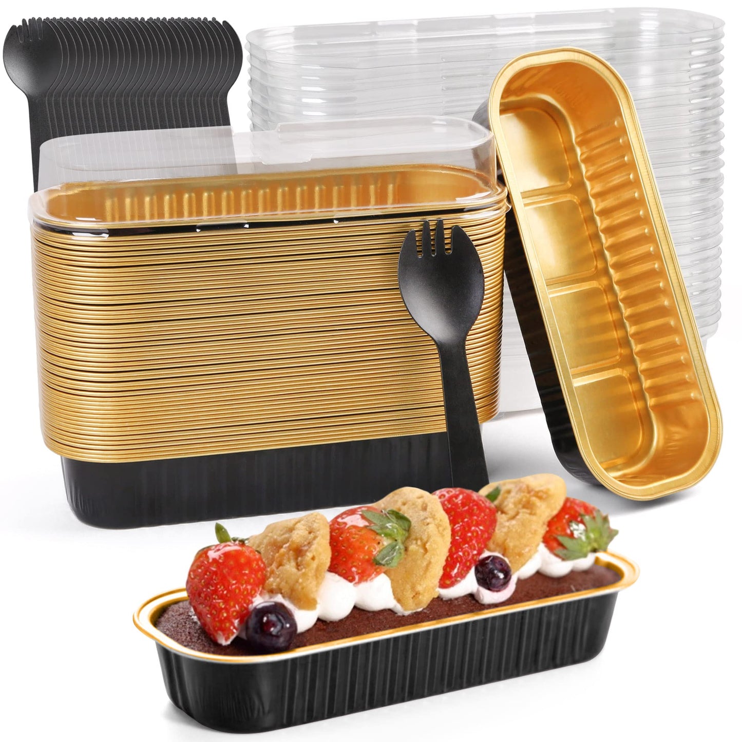 LotFancy Mini Loaf Panswith Lids and Spoons, 50Pack, 6.8oz Rectangle Aluminum Foil Mini Cake Pans