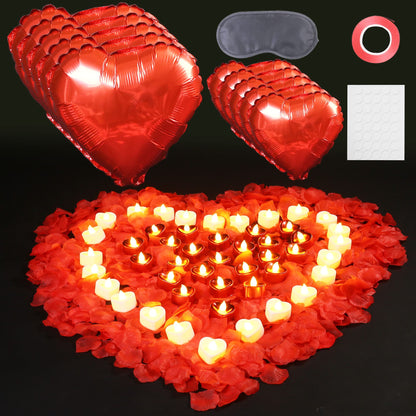 Romantic Candlelight Kit for Lovers, 2000 Rose Petals, 24/48 Warm White Heart LED Candles,5 Aluminium Foil Balloons, 10 Latex Balloons etc.