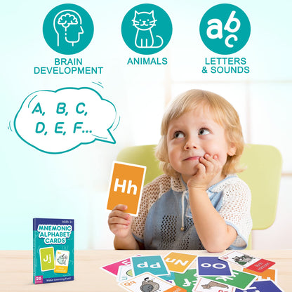 LotFancy ABC Flash Cards for Toddlers 2-4, Jumbo Size, 26 Letters, Mnemonic Alphabet Learning Cards, Educational Flashcards for Kids in Pre-k, Kindergarten