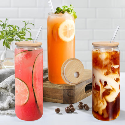 LotFancy Drinking Glasses with Bamboo Lids and Glass Straw, Beer Can Shaped Glass Cups, Beer Glasses, Iced Coffee Glasses for Cocktail, Whiskey, Boba Tea, Juice, Soda