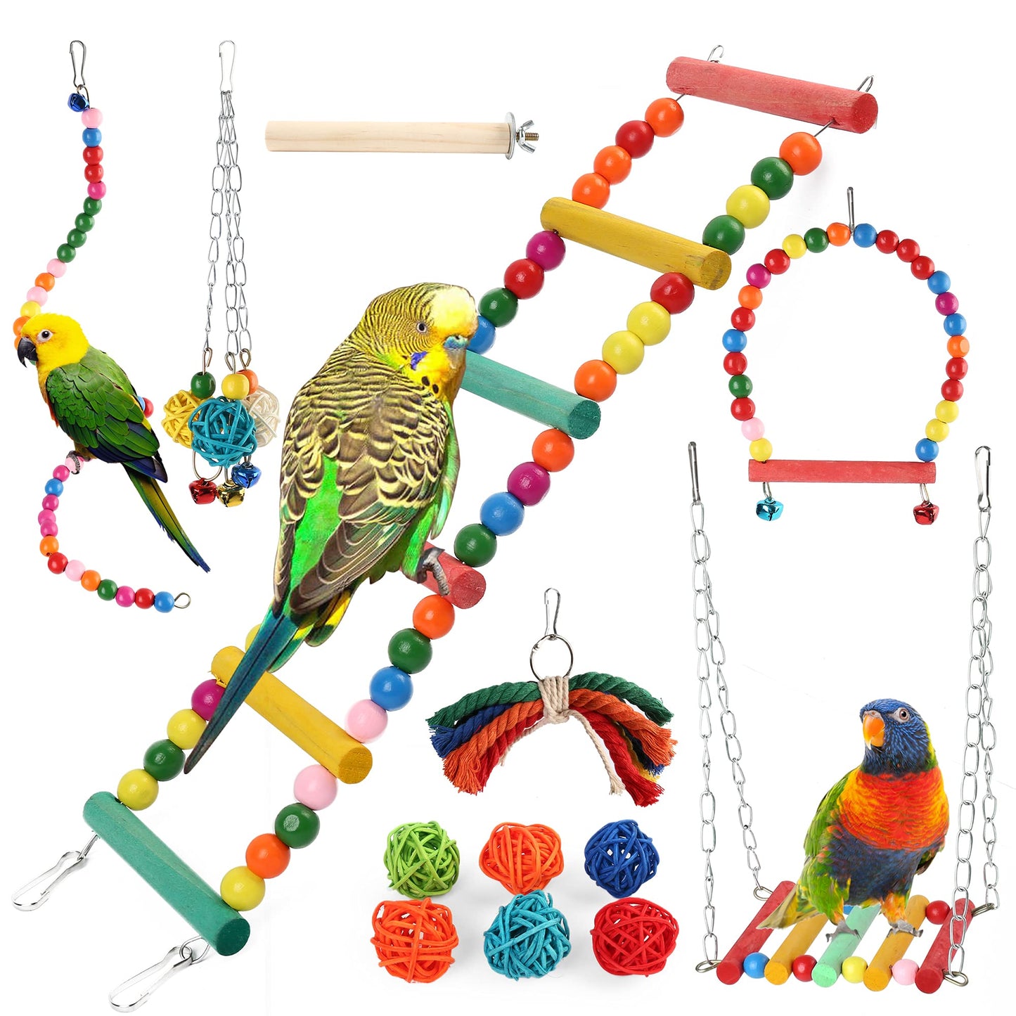 Prime Pets Bird Parakeet Toys, Bird Cage Swing Toys, 13 Pack, Colorful Hanging Bell Hammock Climbing Ladder Toys for Cockatiel, Conure, Finches, Mynah, Love Birds (Copy)