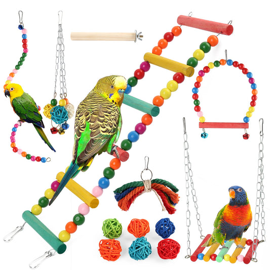 Prime Pets Bird Parakeet Toys, Bird Cage Swing Toys, 13 Pack, Colorful Hanging Bell Hammock Climbing Ladder Toys for Cockatiel, Conure, Finches, Mynah, Love Birds