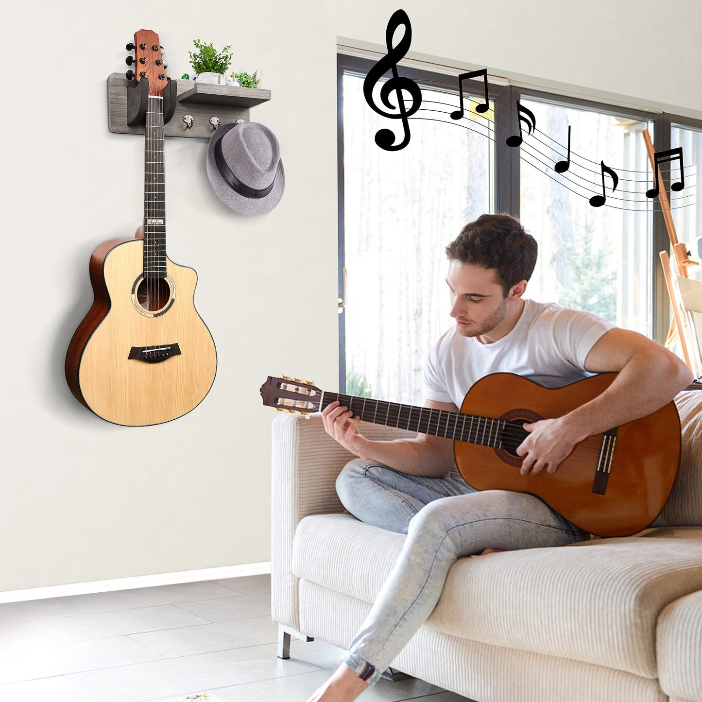LotFancy Guitar Wall Wood Hanger Holder Mount with Pick Holder and 3 Hooks,Bonus a Wooden Board with 4 Hooks
