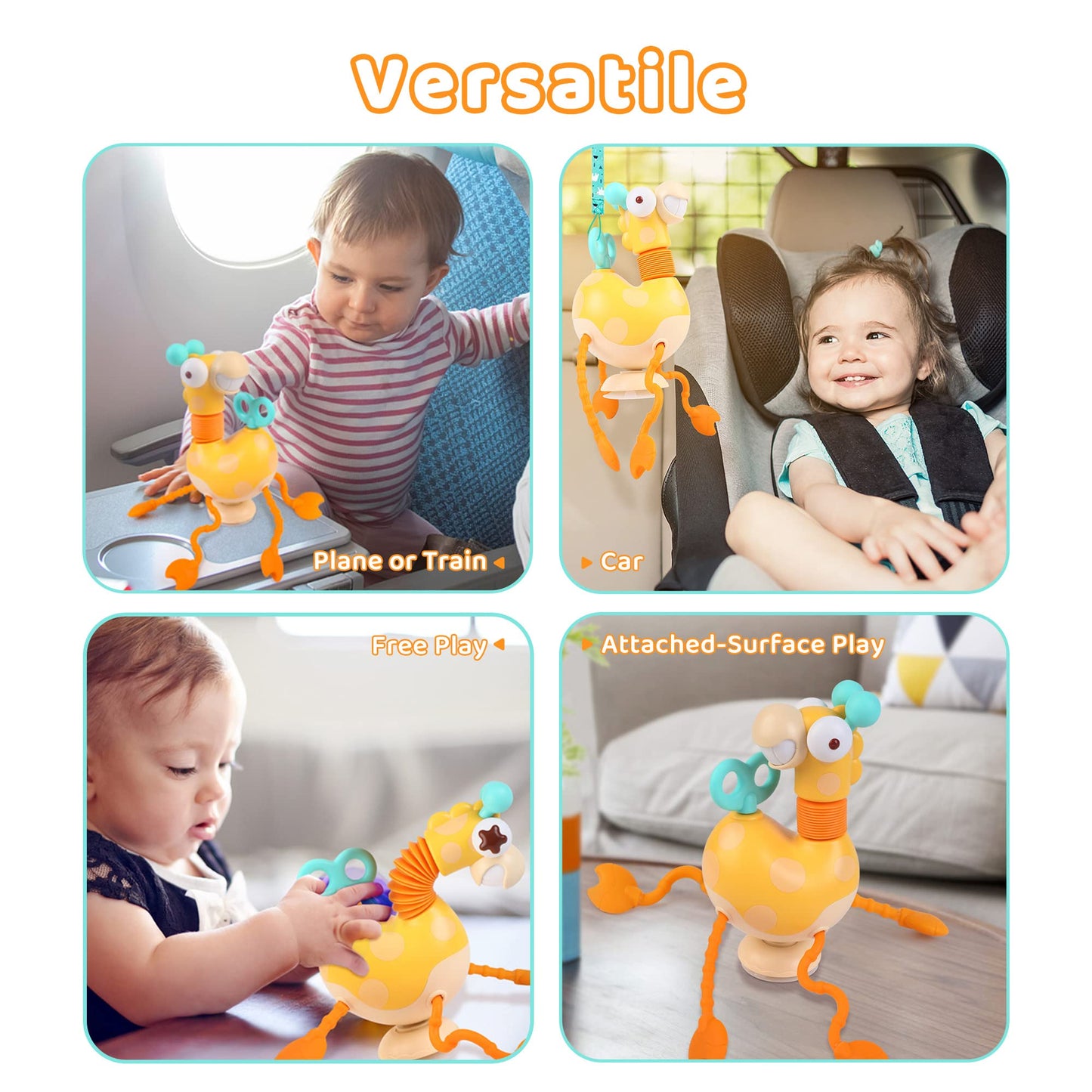 Baby Sensory Toys, Montessori Silicone Giraffe Pull String Activity Toy, with Twisting Windup Key & Neck Pop Tube for Fine Motor Skills, High Chair Toy with Suction Cup Attachment for 18 M+ Toddler