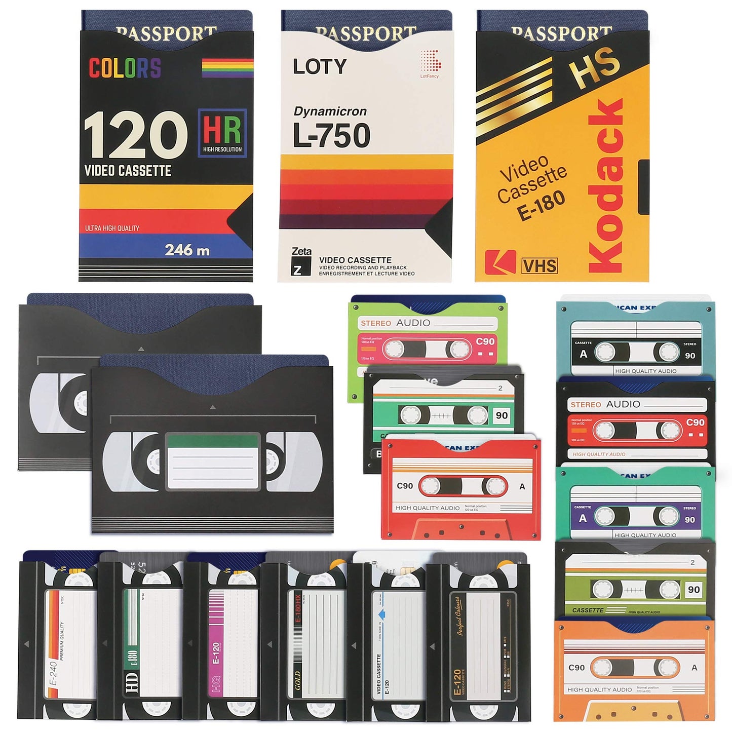 LotFancy RFID Blocking Sleeves (19 Pack, 14 Credit Card Sleeves + 5 Passport Sleeves) for Identity Theft Protection, Designed with Cassette Pattern, Smart Slim Design fits Wallet/Purse