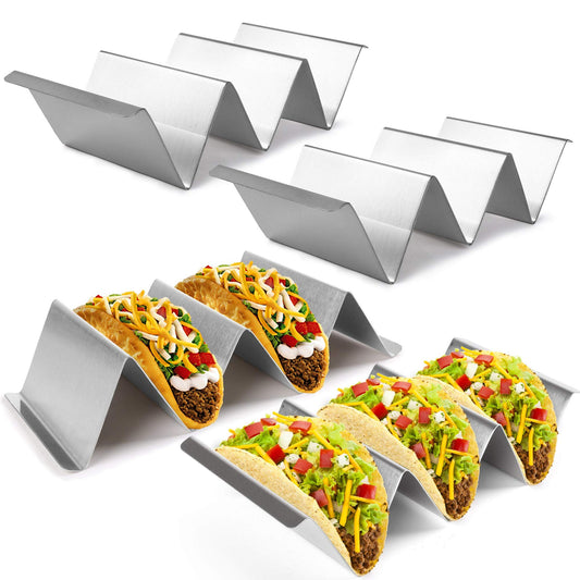 LotFancy Taco Holder Stand with Handles, Set of 4, Stainless Steel Taco Rack Serving Trays, Easy To Fill Tacos Plates, Oven Grill Dishwasher Safe, Shell Baking Racks