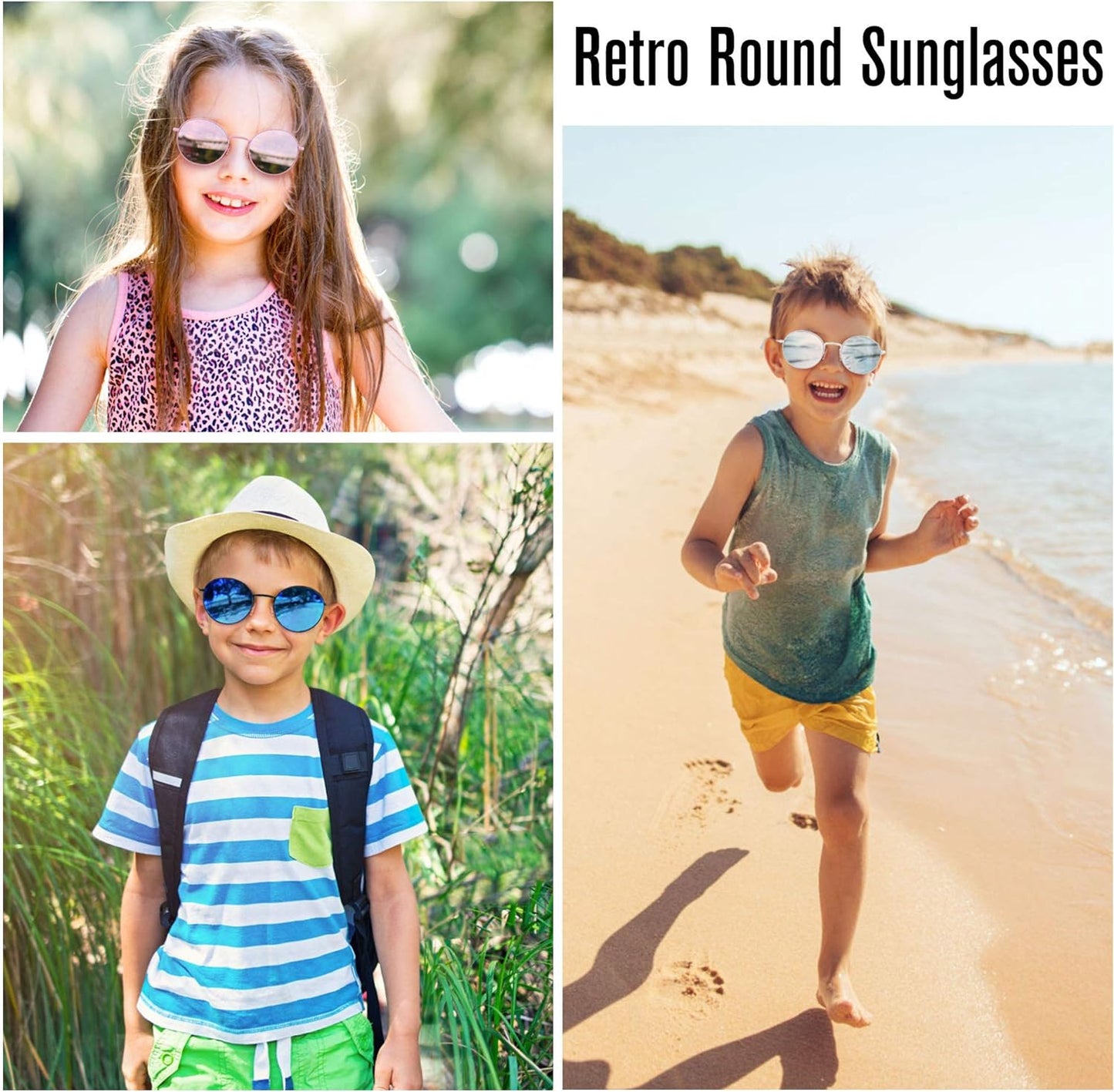 LotFancy Round Mirrored Sunglasses with Case, Hippie Steampunk Eyewear for Age 3-12, UV400 Protection, 51MM, Metal Frame