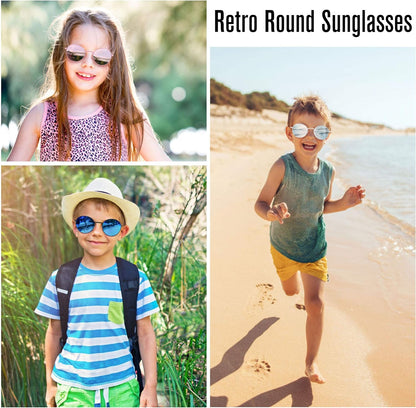 LotFancy Round Mirrored Sunglasses with Case, Hippie Steampunk Eyewear for Age 3-12, UV400 Protection, 51MM, Metal Frame
