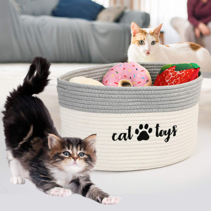 Prime Pets Cat Toy Basket, Cotton Rope Storage Basket with Handles, Small Woven Pet Toy Box Bin for Blankets, Leashes, 15x10x9 inch Cat Toy Holder Container, White and Grey