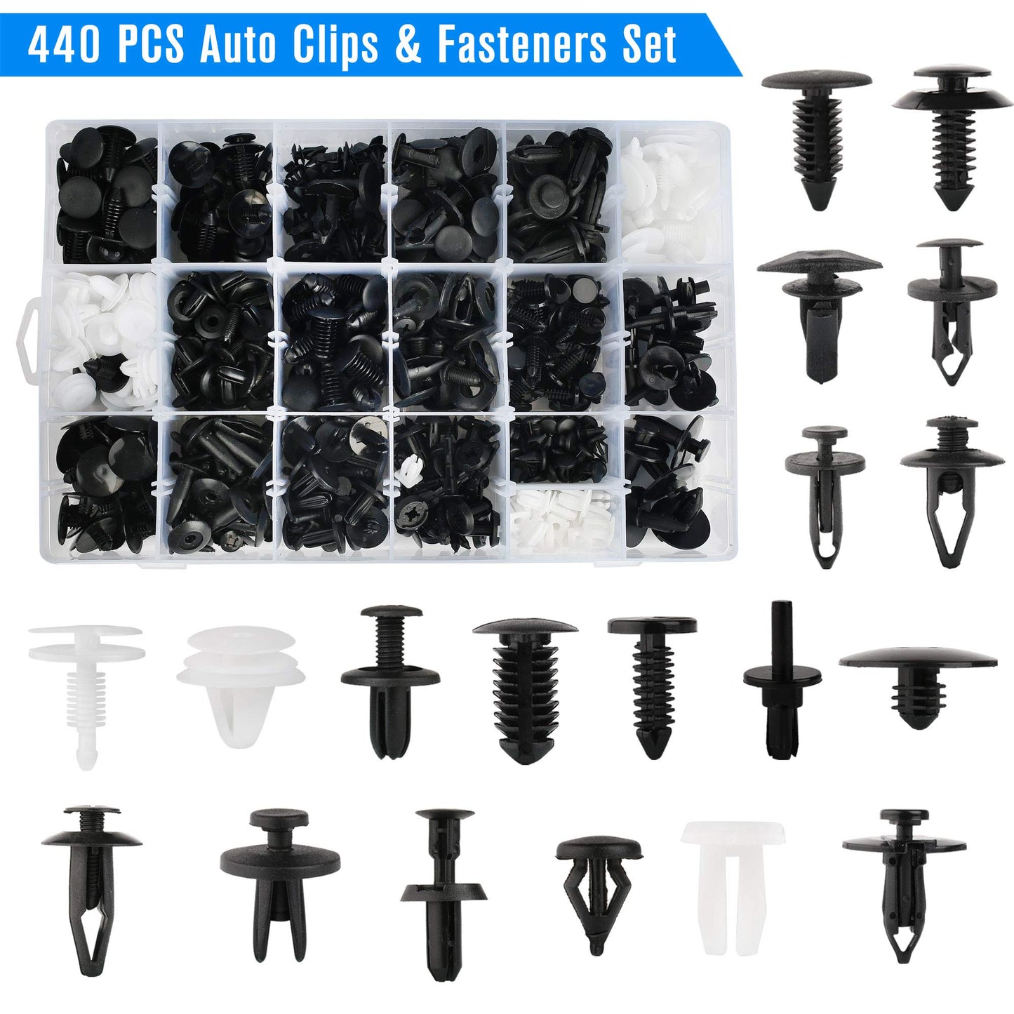 LotFancy Car Retainer Clips & Fastener Remover, 440PCS 19 Most Popular Sizes Push Fasteners Kit for Door Panel & Trim, Bumper & Fender Shield Retainer for GM Ford Toyota Honda & Many More