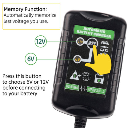 LotFancy 6V 12V 1.5A Battery Charger, Fully Automatic, Smart Trickle Charger, Battery Maintainer for Car, Automotive, Motorcycle, Lawn Mower, Marine, Boat, ATV, SLA AGM Gel Lead Acid Battery