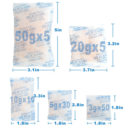 3/5/10/20/50 Gram Silica Gel Packets, 100Packs Total, Rechargeable Desiccant Packets with Orange Color Indicating, Food Safe Silica Gel for Moisture Absorbing