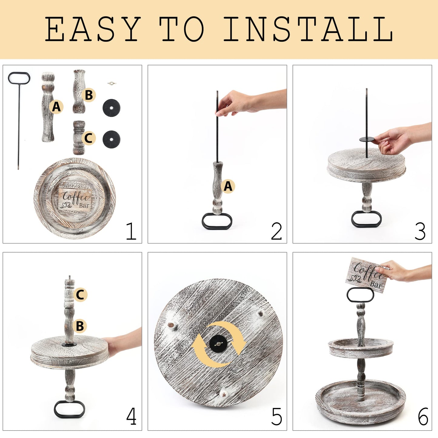 LotFancy Farmhouse Tiered Tray, Distressed Wooden 2 Tier Stand with Metal Handle, 17x14'' White Round Decorative Tray, Wood Sign Included