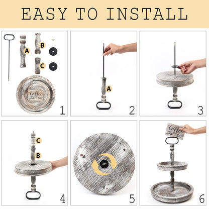 LotFancy Farmhouse Tiered Tray, Distressed Wooden 2 Tier Stand with Metal Handle, 17x14'' White Round Decorative Tray, Wood Sign Included