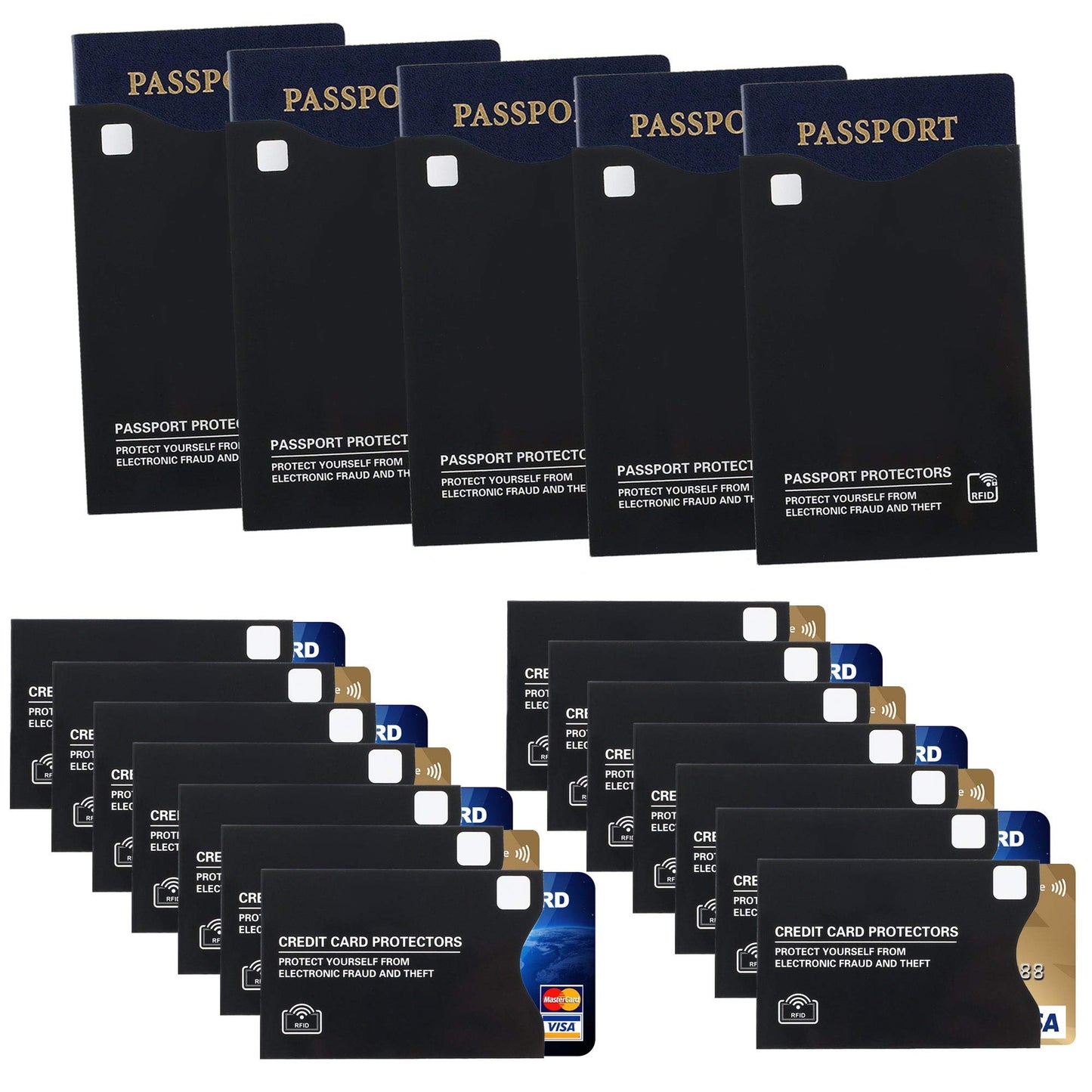 19 RFID Blocking Sleeves (14 Credit Card Protectors and 5 Passport Holders) for Identity Theft Protection