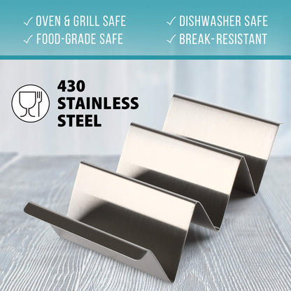 LotFancy Taco Holder Stand with Handles, Set of 4, Stainless Steel Taco Rack Serving Trays, Easy To Fill Tacos Plates, Oven Grill Dishwasher Safe, Shell Baking Racks