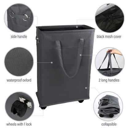 45L Slim Laundry Hamper with Handles on Wheels, Collapsible Rolling Clothes Laundry Basket, 15.4 (L) x7.5 (W) x22(H) inch, 600D Oxford Fabric,waterproof, MDF Bottom Board