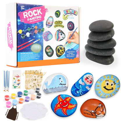 BenBen Rock Painting Kit, Kids DIY Hide & Seek Rocks Set, Fun Stone Creative Arts & Crafts Supplies for Girls Boys Aged 3+, Includes 10 Rocks, 12 Paint Colors, 4 Brushes