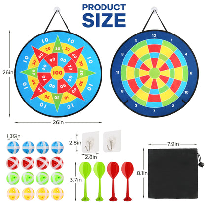 LotFancy Dart Board for Kids, 26" Double Sided Dart Board Game with 16 Sticky Balls 4 Darts 2 Hooks, Indoor Outdoor Sports Party Games Toys, Gifts for 3 4 5 6 7 8 9 10 11 12 Year Old Boys Girls