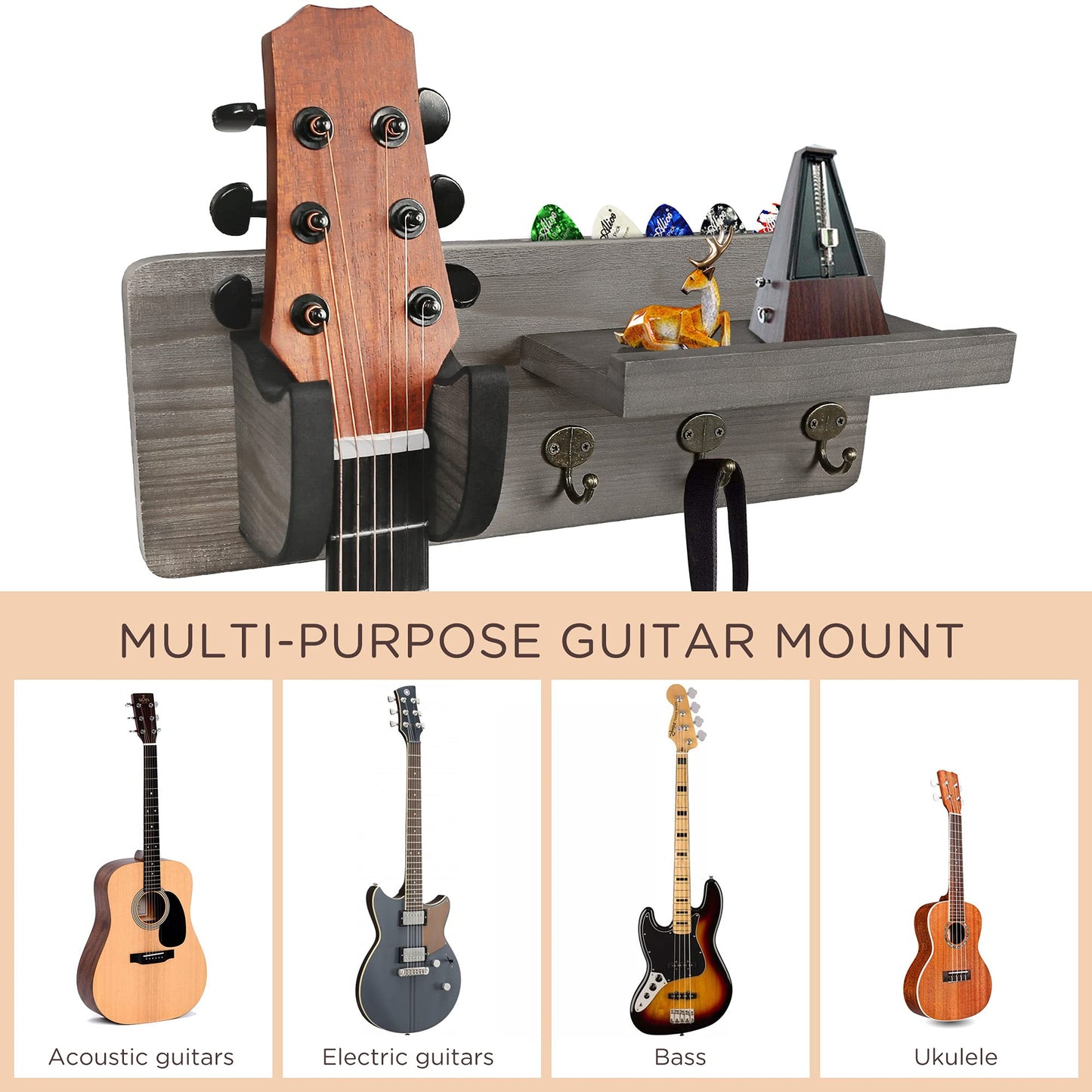 LotFancy Guitar Wall Wood Hanger Holder Mount with Pick Holder and 3 Hooks,Bonus a Wooden Board with 4 Hooks
