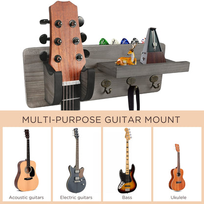LotFancy Guitar Wall Wood Hanger Holder Mount with Pick Holder and 3 Hooks,Bonus a Wooden Board with 4 Hooks