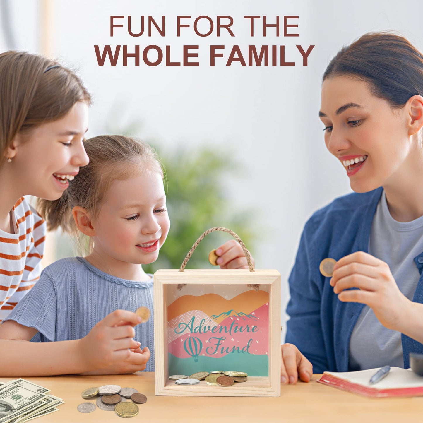 LotFancy Piggy Bank for Kids & Adults, Wooden Adventure Fund Money Bank, 8 x 8 x 2.25 inch, Decorative Shadow Box Saving Bank for Cash Coin Penny Change