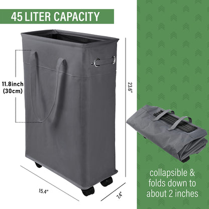 45L Slim Laundry Hamper with Handles on Wheels, Collapsible Rolling Clothes Laundry Basket, 15.4 (L) x7.5 (W) x22(H) inch, 600D Oxford Fabric,waterproof, MDF Bottom Board