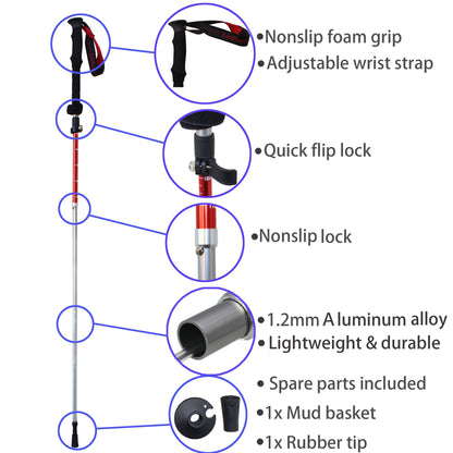 Trekking Pole for Women Men, LotFancy Collapsible Hiking Stick, Tungsten Steel Spike Tip, Extra Rubber Tips