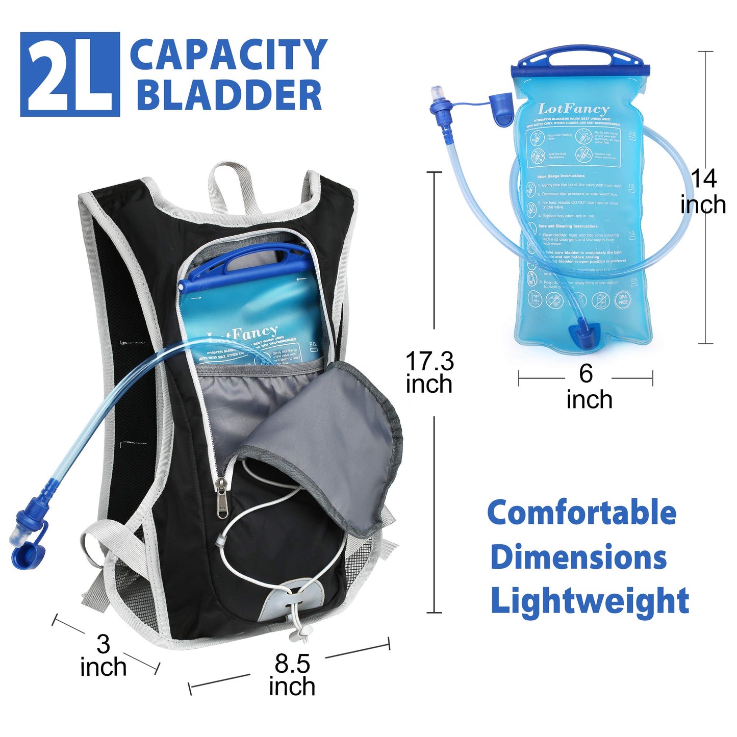 LotFancy Hydration Backpack with 2L Bladder (BPA Free), Leakproof Camel Backpack for Running Cycling Hiking Climbing Race Festival Skiing Walking, Water Hydration Pack for Women Men Kids
