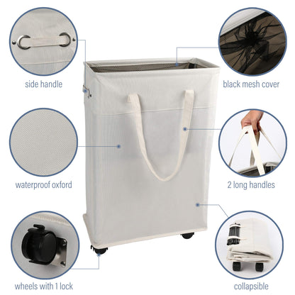 45L Slim Laundry Hamper with Handles on Wheels, Collapsible Rolling Clothes Laundry Basket, 15.4 (L) x7.5 (W) x22(H) inch, 600D Oxford Fabric,waterproof, MDF Bottom Board