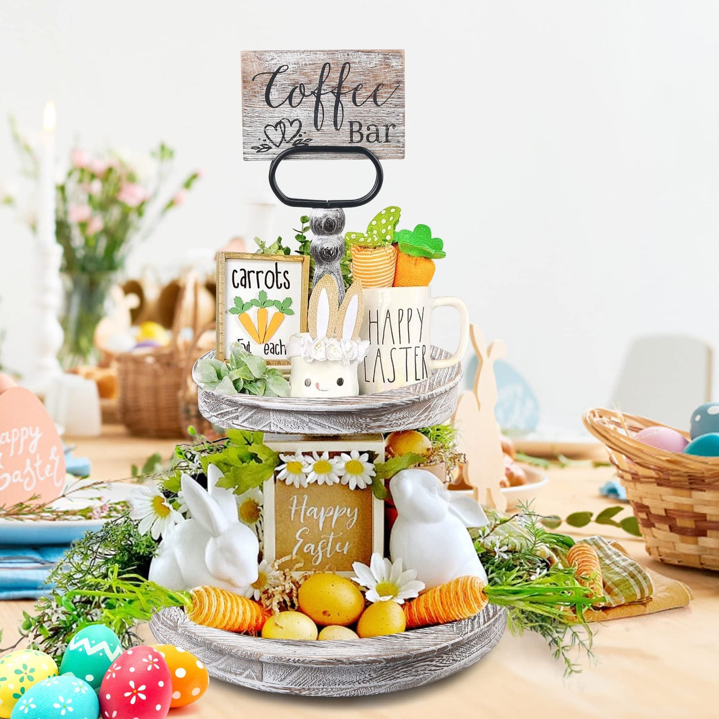 LotFancy Farmhouse Tiered Tray, Distressed Wooden 2 Tier Stand with Metal Handle, 17x14'' White Round Decorative Tray, Wood Sign Included