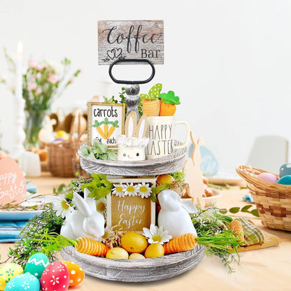 LotFancy Farmhouse Tiered Tray, Distressed Wooden 2 Tier Stand with Metal Handle, 17x14'' White Round Decorative Tray, Wood Sign Included