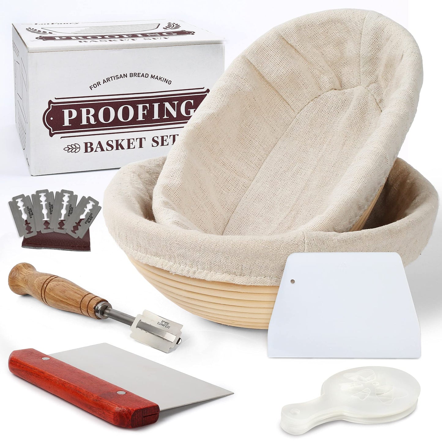 LotFancy Banneton Proofing Basket Set of 2, 9 Inch Round + 10 Inch Oval Proofing Bowls for Sourdough Bread, Natural Rattan, Includes Bread Lame + Dough Scraper + Linen Liner for Artisan & Home Bakers