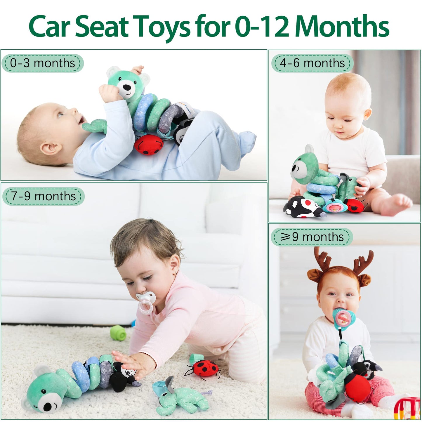 LotFancy Baby Car Seat Toys, Infant Hanging Stroller Toys for Carseat Crib Bar Bassinet, Newborn Activity Spiral Plush Toys with Music BB Squeaker Rattles for 0 3 6 9 12 Months