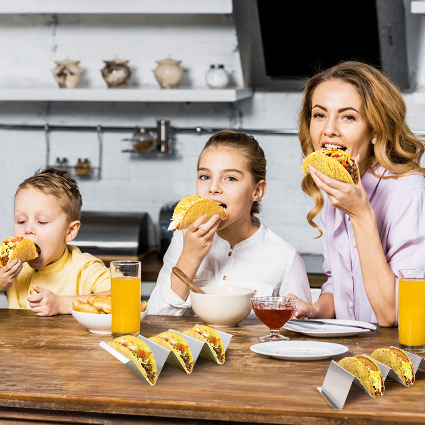 LotFancy Taco Holder Stand with Handles, Set of 4, Stainless Steel Taco Rack Serving Trays, Easy To Fill Tacos Plates, Oven Grill Dishwasher Safe, Shell Baking Racks