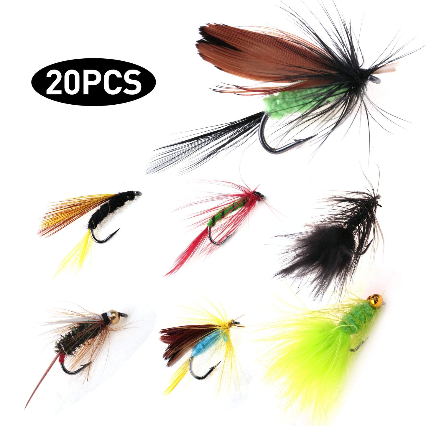 LotFancy 20 Pcs Fly Fishing Flies, Dry/Wet Flies, Nymph Flies, Wooly Bugger Flies, Streamers, Emergers, Caddis Fly Assortment for Trout Bass Salmon