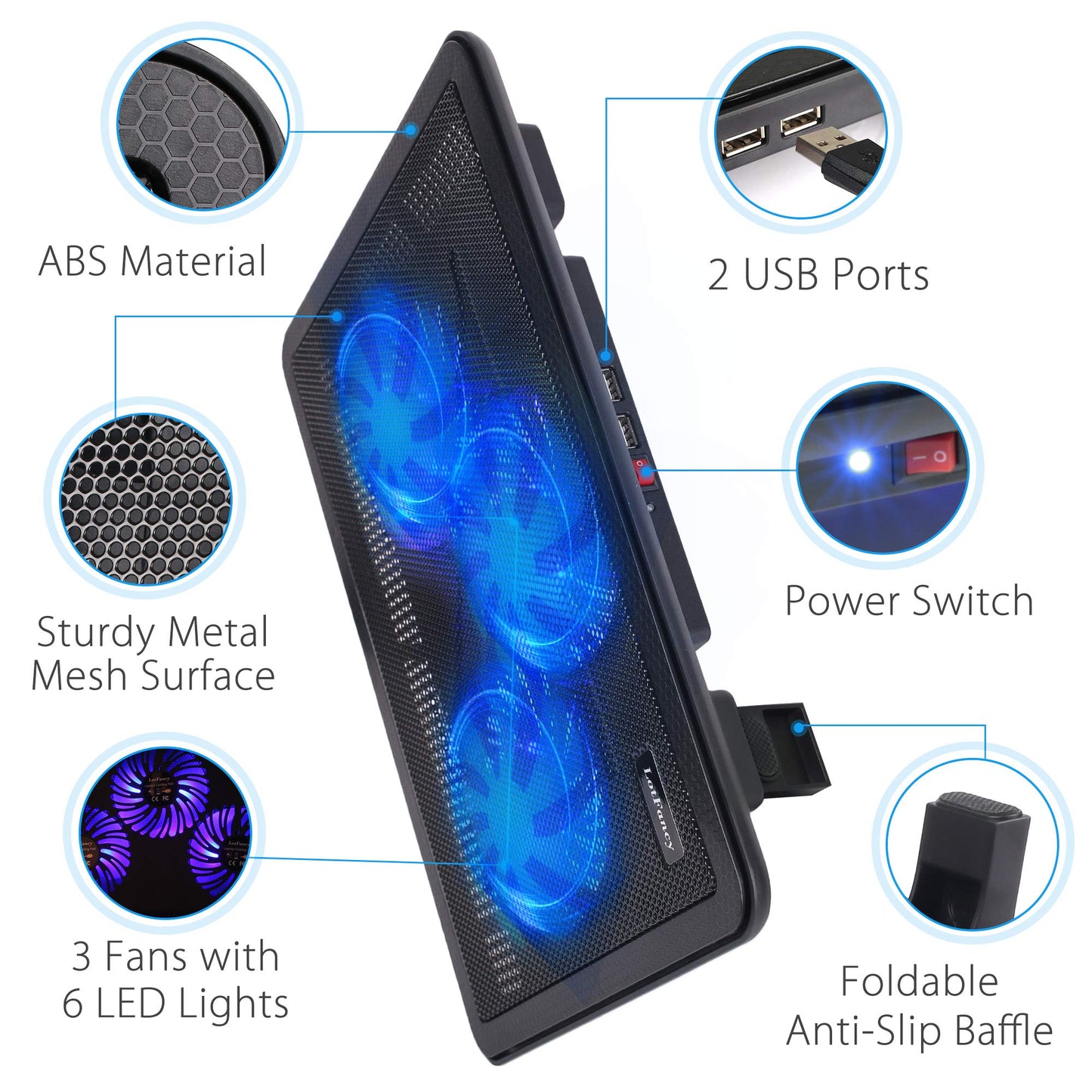 LotFancy Laptop Fan Cooling Pad, Notebook Cooler for 13”-17” Laptop, Lap Chill Mat with 3 LED Quiet Fans, 2 USB Ports, Adjustable Stand, Portable & Quiet for Gaming, Working