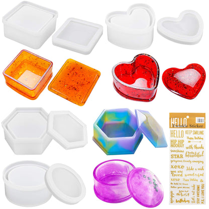 LotFancy Epoxy Resin Molds for Jewelry Box with Lid, Round Hexagon Square Heart Shaped Storage Box Molds for Resin Casting, DIY Art Silicone Molds Kit, with Letter Stickers